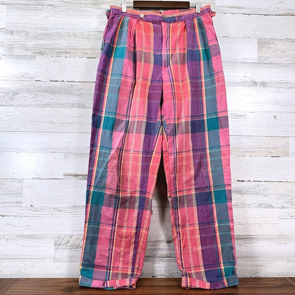 Polo Ralph Lauren Madras Plaid Pants Mens 32x30 Pink Pleated Vintage 80s USA Ivy